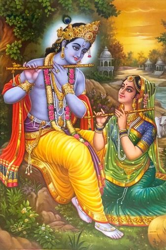 Radha Photo with God Krishna Who Teach Her to Flute